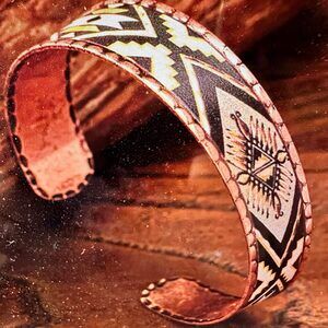 Handmade Boho Native American Navajo Copper Narrow Cuff Bracelet, Navy Yellow,